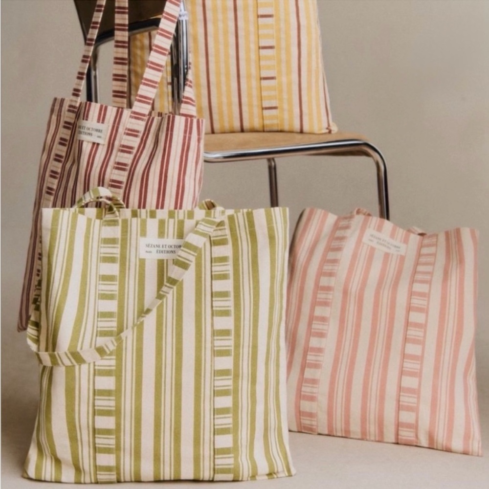 Sezane Striped Canvas Tote Bag in Pink and Cream Stripe